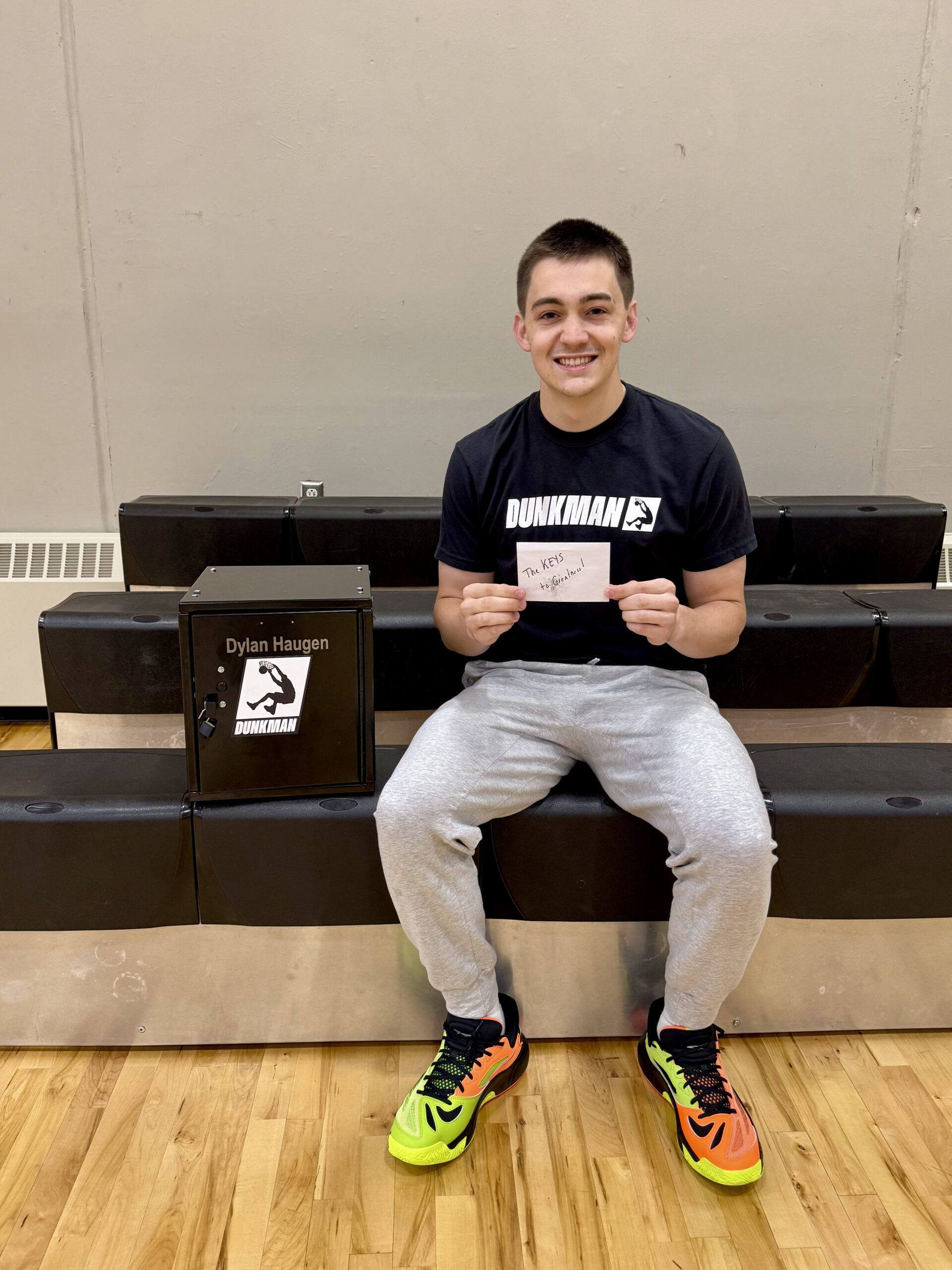 Dylan Haugen with DunkMan gear sent by Shaq