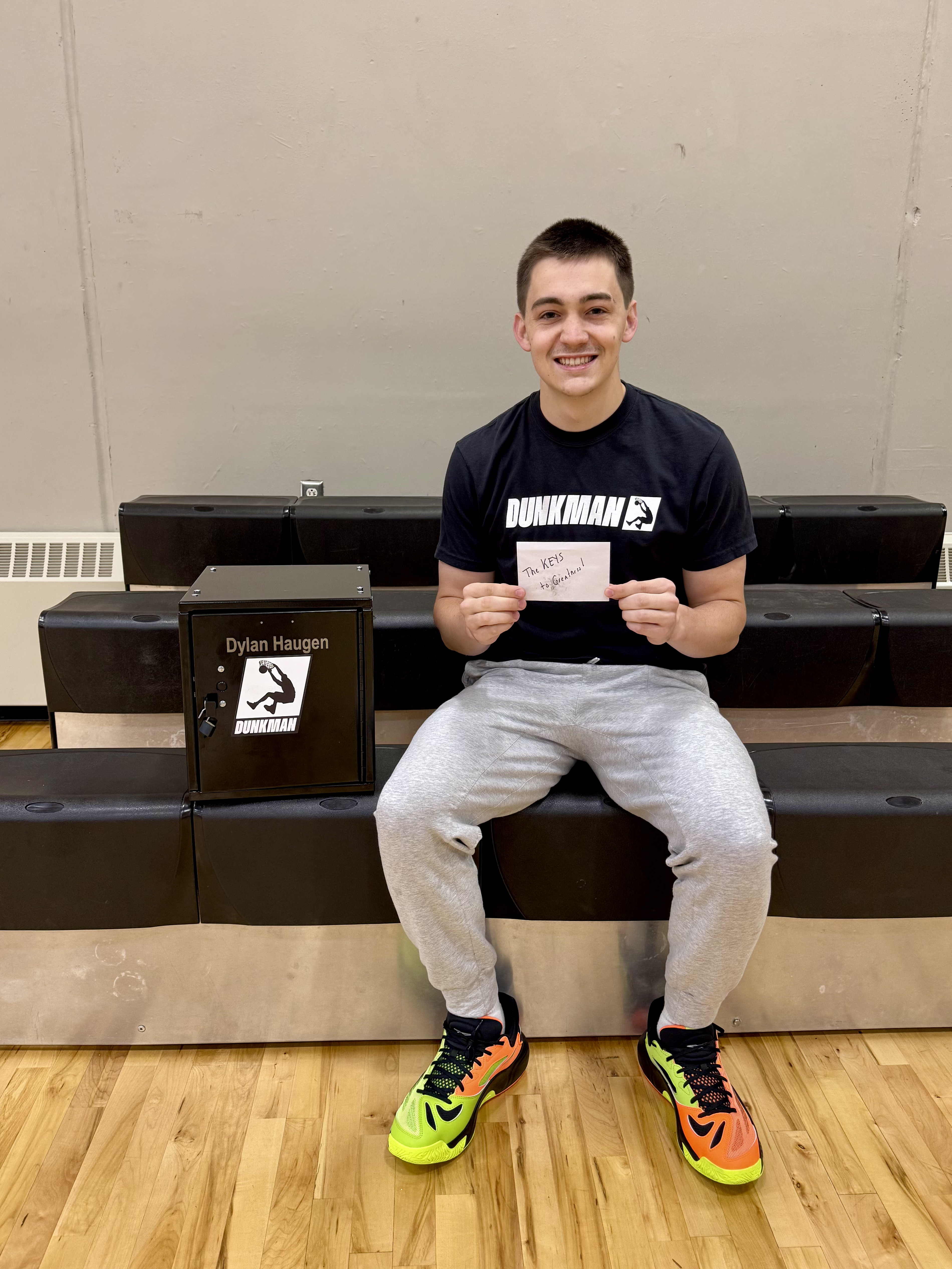 Dylan Haugen with his DunkMan League gear from Shaquille O'Neal